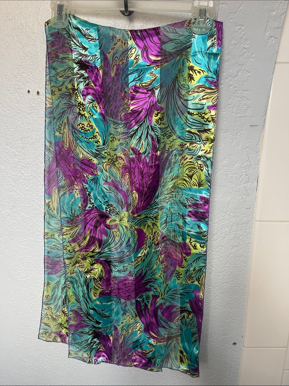 Vibrant Feather-Print Sheer Midi Scarf  Purple Gold & Teal polyester
